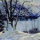 Famous Lake Paintings - A Frozen Lake In A Mountainous Winter Landscape